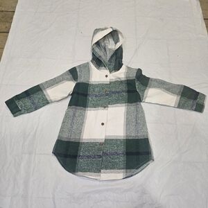SHEIN Green and White Plaid Hooded Shirt